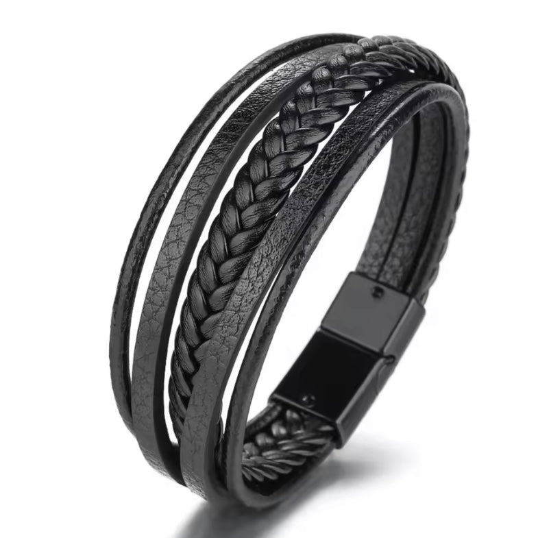Stijlvolle Zwart Multiplayer Leren Herenarmband | 21cm