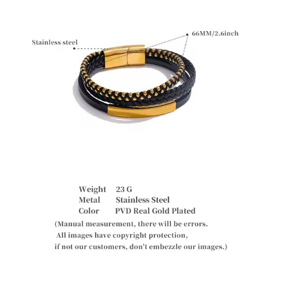 66mm zwart leer gevlochten dubbellaags retro armband voor mannen roestvrij staal