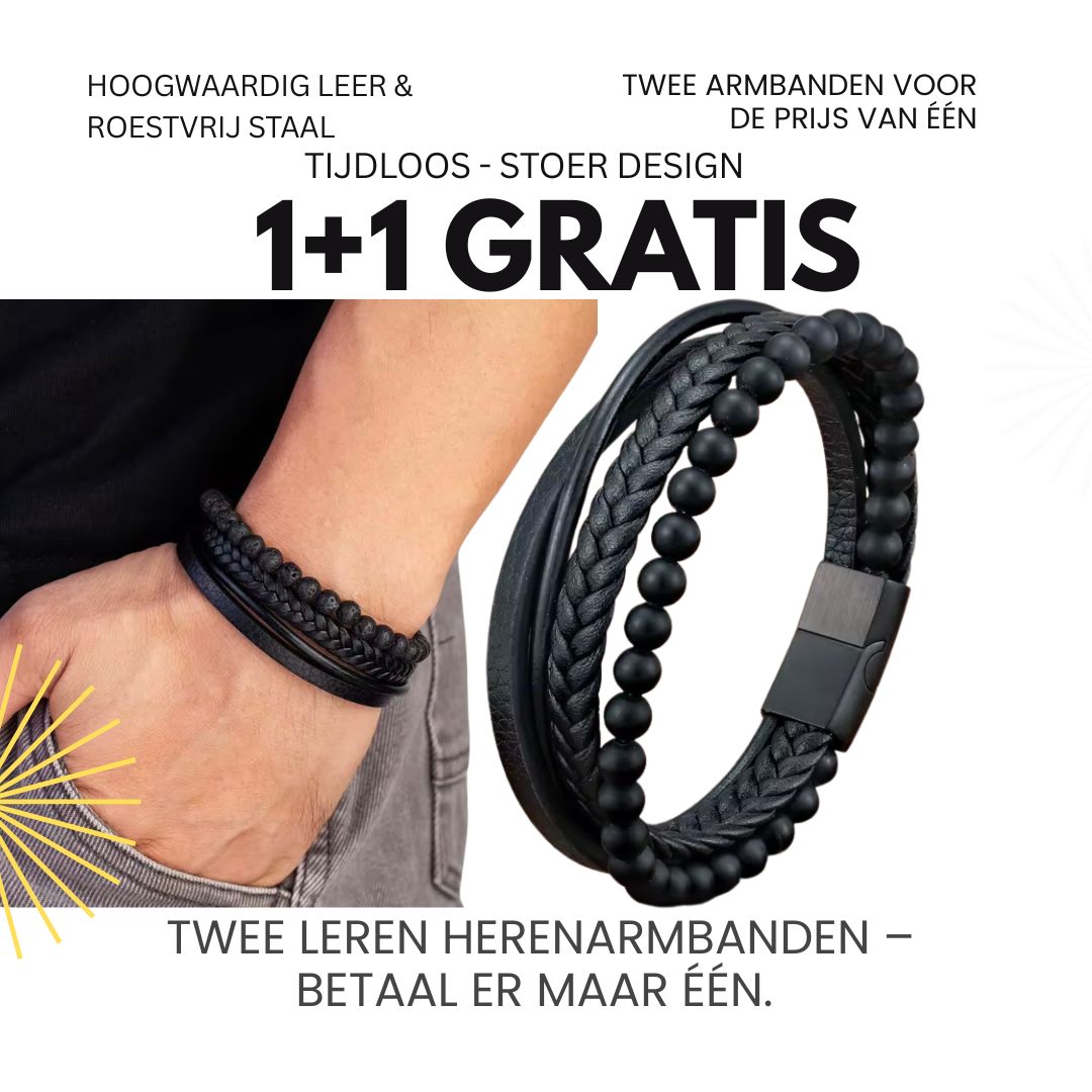Leren Herenarmband Duo – Zwart Leer & kralen | 1+1 Gratis Actie bij HeWear