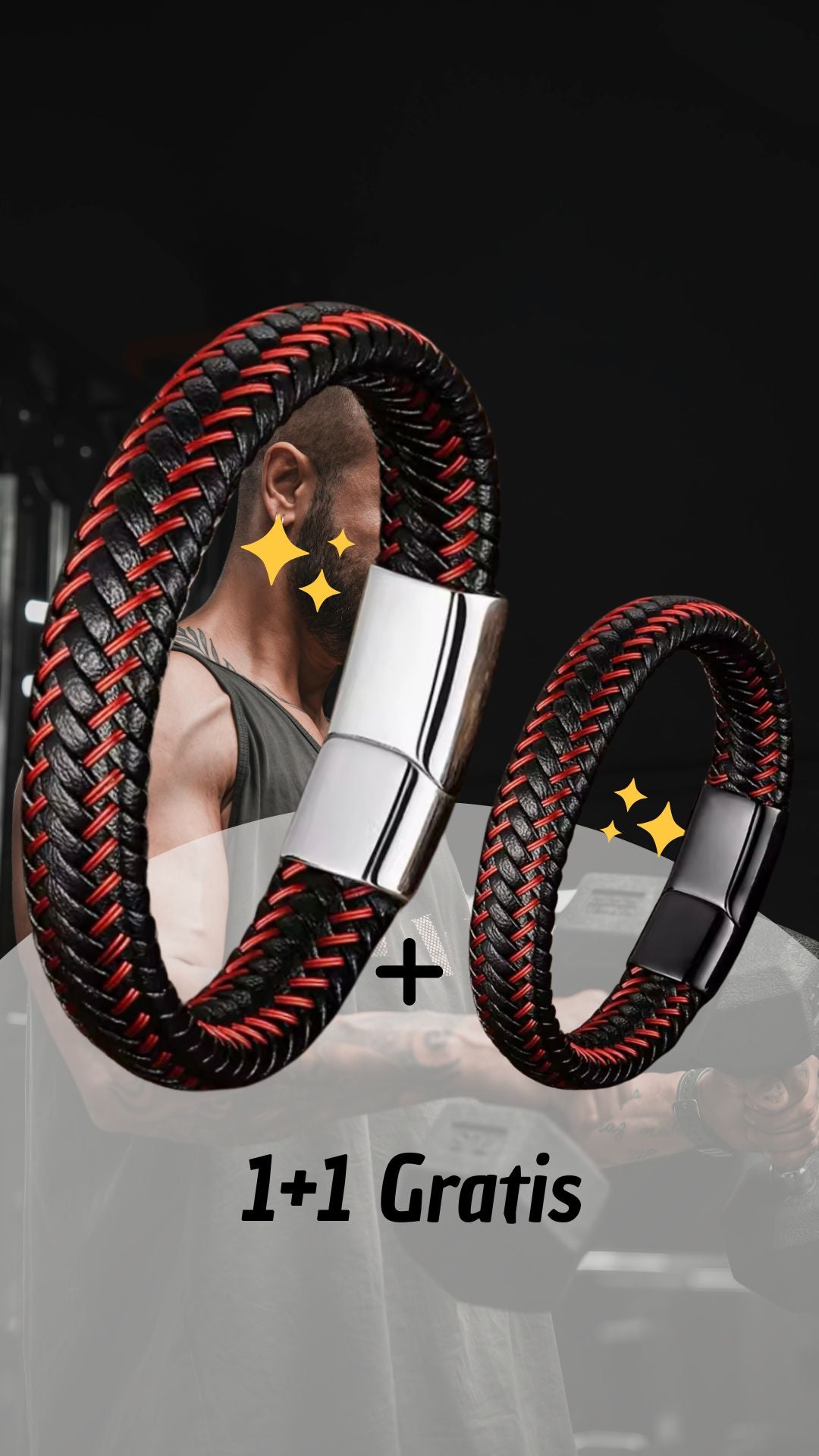 Roestvrijstalen gevlochten leren armband man – 1+1 Gratis