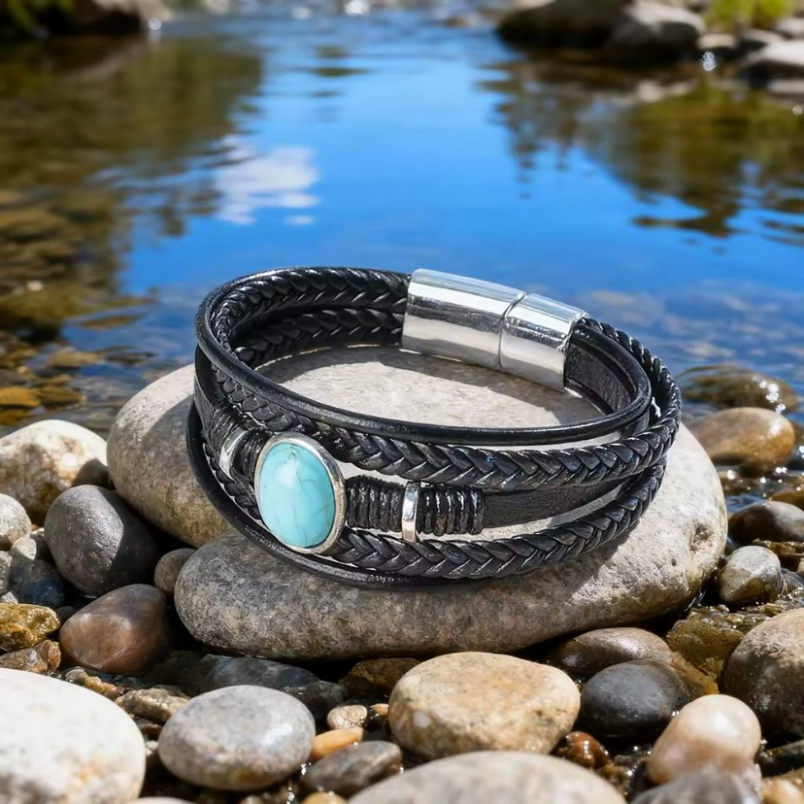 Geweven PU-leer turquoise armband