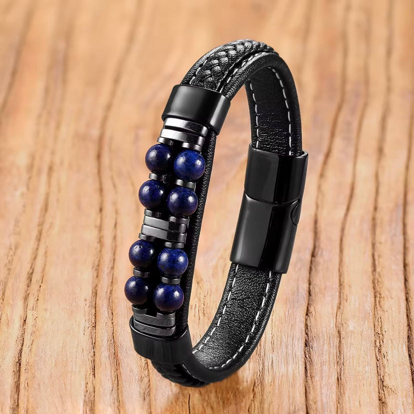 Handgemaakte natuursteen kralenarmband – Lapis Lazuli – Boho lederen sieraad met roestvrijstalen sluiting voor vrouwen en mannen