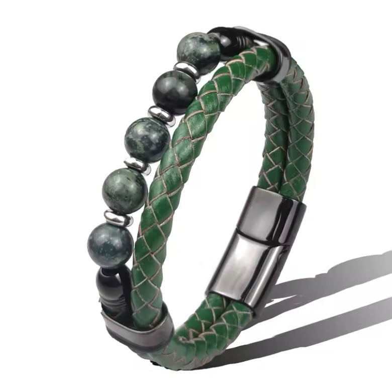 Natuurlijke Ronde Chakra Kraal Steen Armband Heren Klassieke Rode Lederen Rvs Armbanden