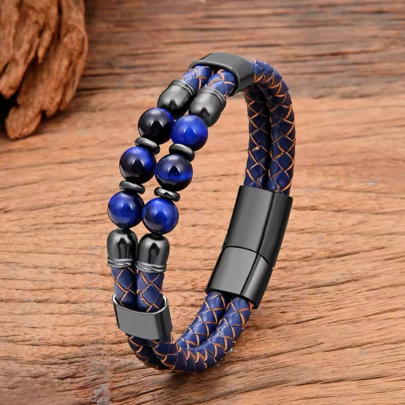 Blauw Natuurlijke Kwarts Armband Unisex - Roestvrij Stalen Sluiting, Tijgeroog Kralen