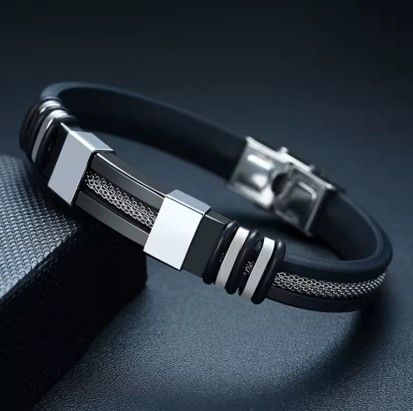 Roestvrijstalen armband zwart gegroefd | siliconen mesh