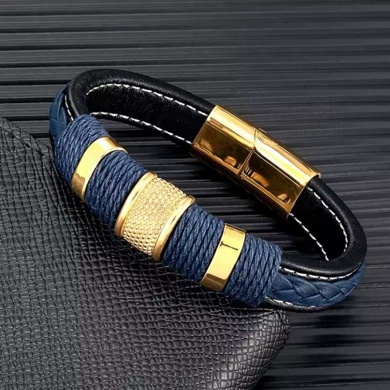 Leren Mannen Armband - Blauw Goudkleurig Roestvrij Magnetische Gesp (Limited Edition) 19-23 cm