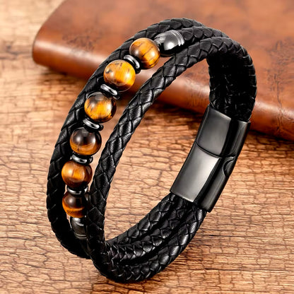 Weave™ Multilayer Lederen Armbanden Stijl Ronde Steen 8 Mm Kralen