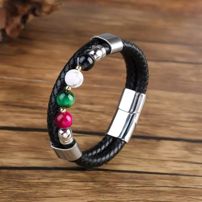 Feng Yue Punk Armband met Natuursteen & Lederen Bedels - Zilverkleur