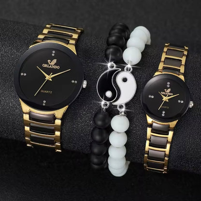 Dames & Heren Quartz Horloges met Gratis Yin Yang Kralenarmbanden