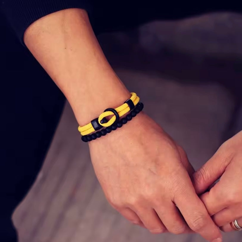 Mannen Armband Set Dubbellaags Touw Nautische Armband 6mm Zwarte Onyx Steen Armband