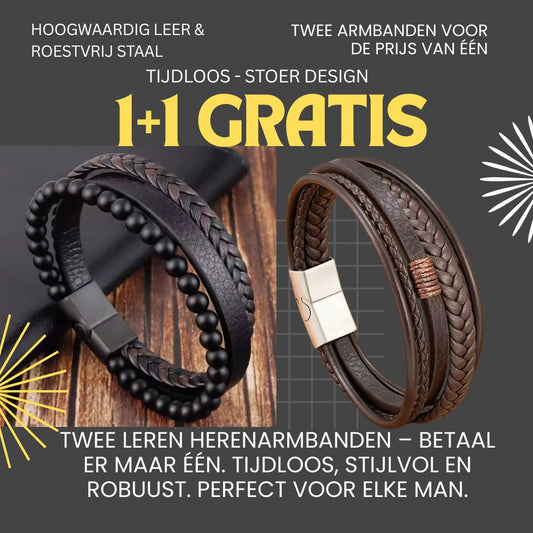 Leren Herenarmband Duo – Zwart/Bruin Leer & Staal | 1+1 Gratis Actie bij HeWear