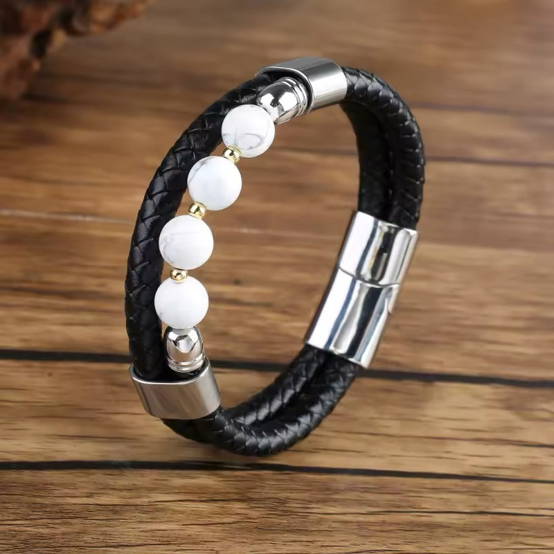 Feng Yue Punk Armband met Natuursteen & Lederen Bedels - Zilverkleur