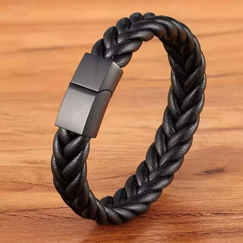 Mannen Metallic Zwart Lederen Stiksels Armband