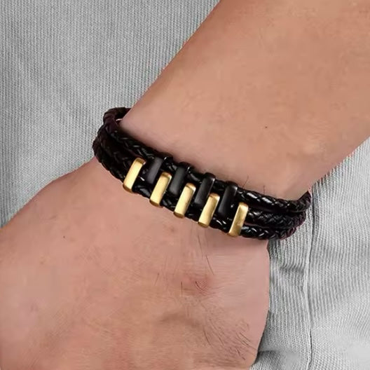 Punk Zwart Gevlochten Lederen Meerlagige Herenarmband