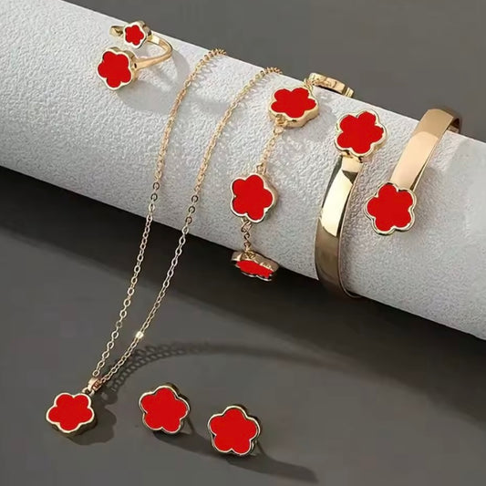 6-delige damessieradenset met bloemen – ketting, armband, oorbellen & ringen | Cadeau