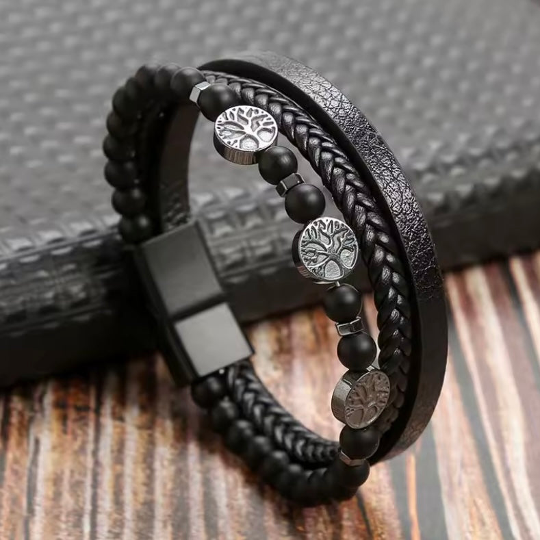 Lederen Herenarmband Klassiek – Handgeweven Meerdere Lagen, Levensboom Accessoire voor Stijlvolle Mannen