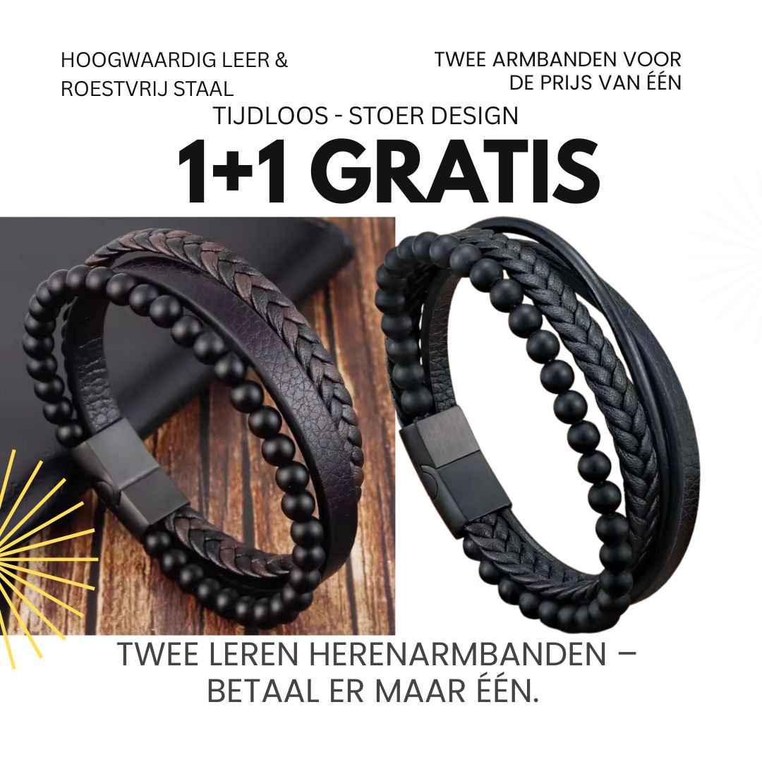 Leren Herenarmband Duo – Zwart Kralen | 1+1 Gratis Actie bij HeWear