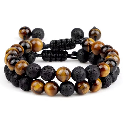 8mm Zwarte Lava & Tijgeroog Armband – Verstelbare Gevlochten Armband