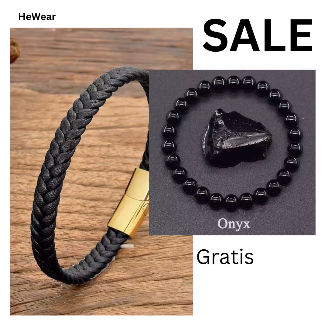 Leren armband + gratis onyx kralenarmband