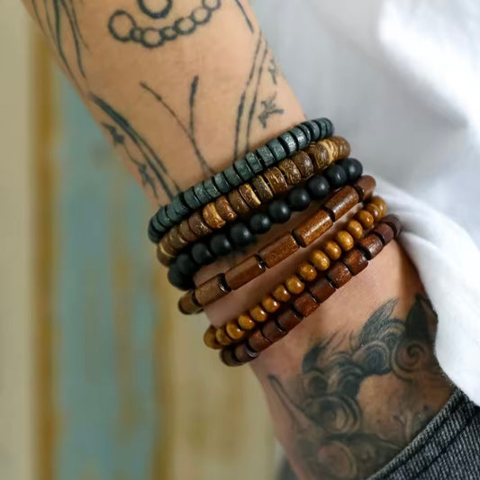 6-delige Retro Houten Heren Armbandenset (Zelf Samen te Stellen)