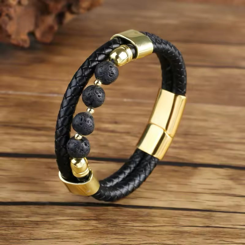 Feng Yue Punk Stijl Armband met Natuursteen Kralen en Lederen Bedels - Goudkleurig