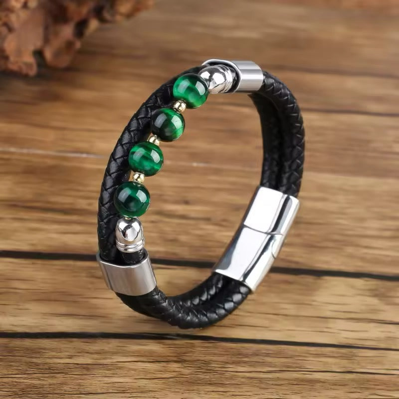 Feng Yue Punk Armband met Natuursteen & Lederen Bedels - Zilverkleur