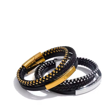 66mm zwart leer gevlochten dubbellaags retro armband voor mannen roestvrij staal