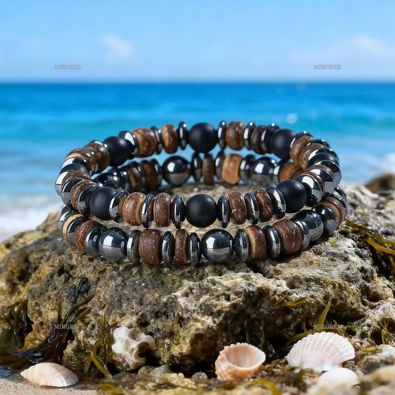 Set van 2 Herenarmbanden voor Buitenliefhebbers – Handgemaakte Vintage Kralen, Stijlvol Natuurliefhebbers Cadeau