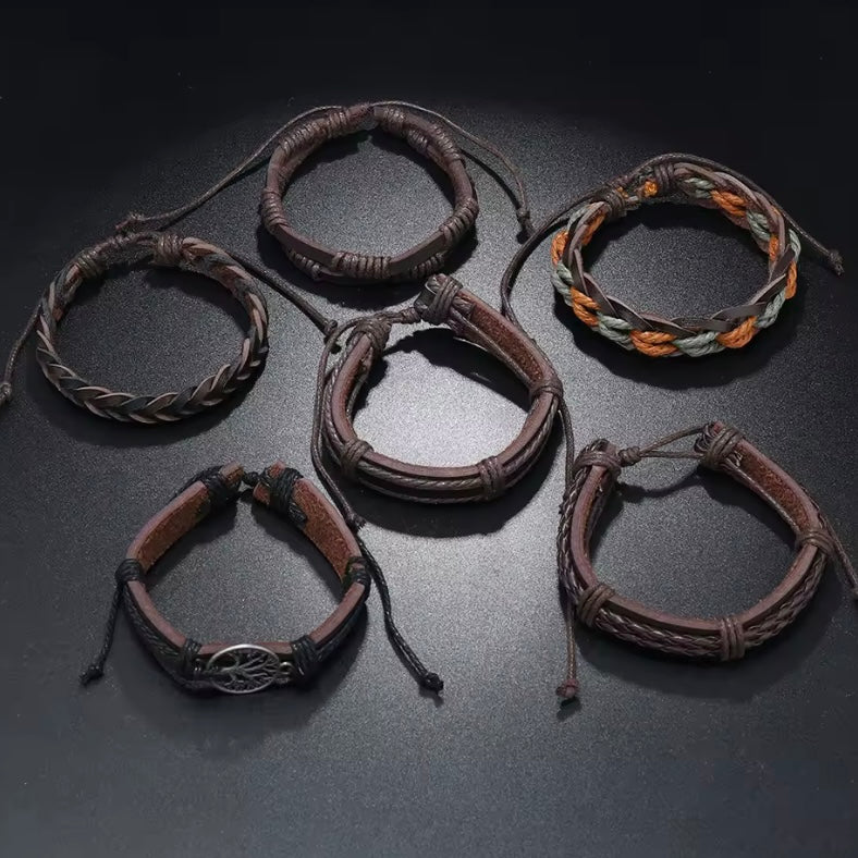 Leren armband voor heren Retro handgeweven leren armband, de levensboom Element Zesdelige set