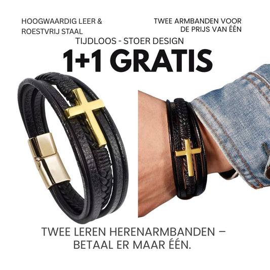 Leren Herenarmband Duo – Zwart Leer & Kruis | 1+1 Gratis Actie bij HeWear
