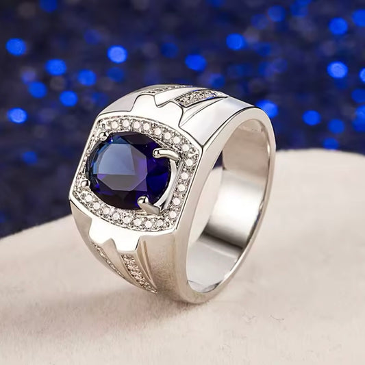 925 Zilveren Mannen Ring met Ovale Sapphire Zirkoon Edelsteen