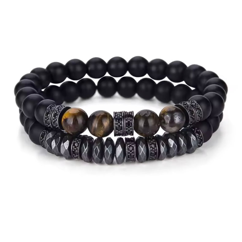 Luxe 2 Stks/set Mannen Zirkoon Armband Zwart Onyx Stenen Kralen Braslet Natuurlijke Hematiet Tijger Ogen Braclet Armband