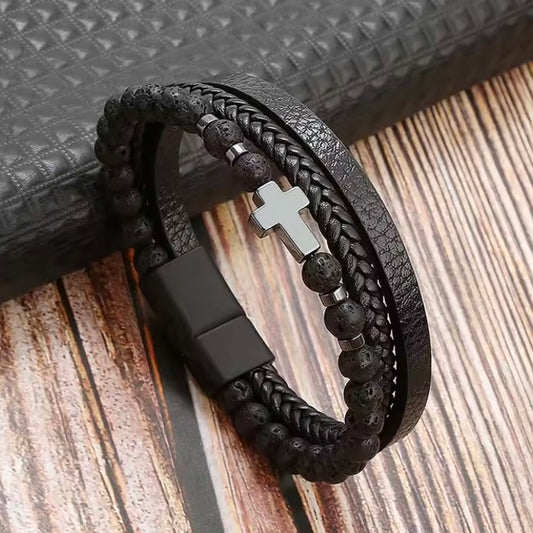 Lederen Herenarmband Klassiek – Handgeweven Meerdere Lagen, Kruis Accessoire voor Stijlvolle Mannen
