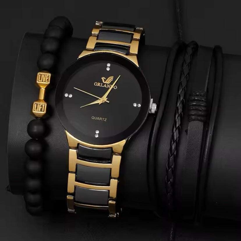 Luxe Heren Quartz Horloge  + 2 Gratis Armbanden