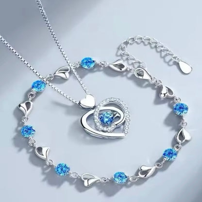 S925 Zilveren Oceaan Hart Ketting & Armbanden Set – Retro Zirkoon Luxe