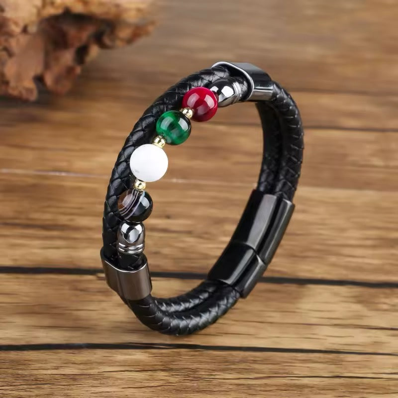 Feng Yue Punk Armband met Natuursteen & Lederen Bedels