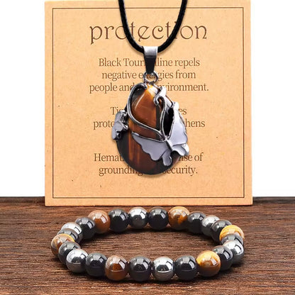 Beschermingsset-Tijgeroog stenen ketting en hematiet armband, gebruikt voor energiebescherming