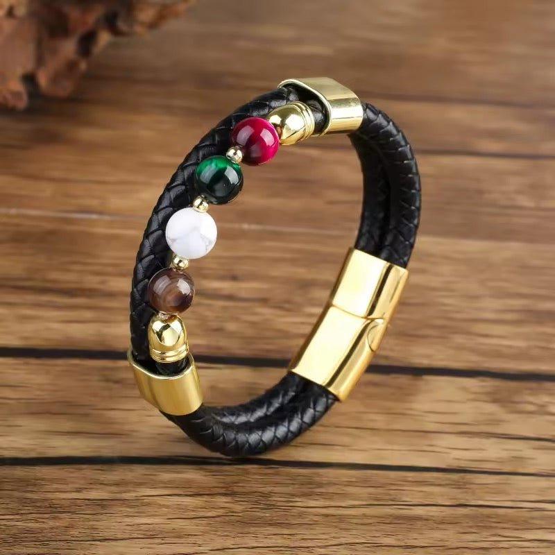 Feng Yue Punk Stijl Armband met Natuursteen Kralen en Lederen Bedels - Goudkleurig