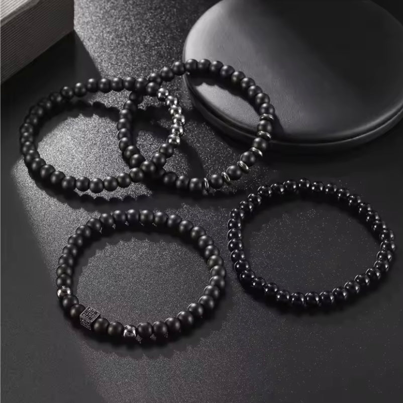 Unieke Mannen Armband Set – Zwarte Onyx & Hematiet Kralen, Healing Braclet met Luxe Zirkonia