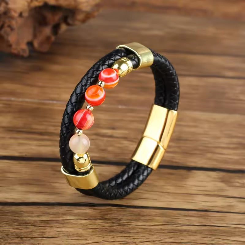 Feng Yue Punk Stijl Armband met Natuursteen Kralen en Lederen Bedels - Goudkleurig