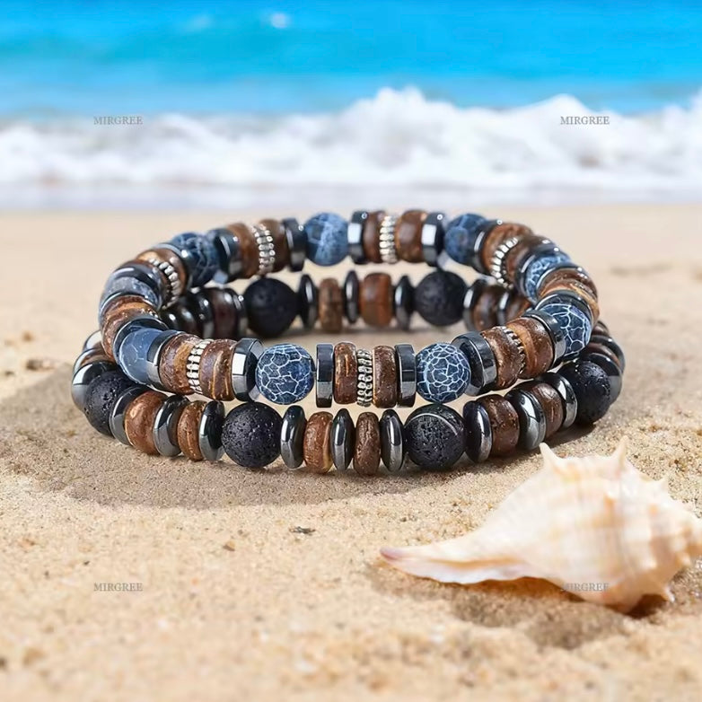 Set van 2 Herenarmbanden voor Buitenliefhebbers – Handgemaakte Vintage Kralen, Stijlvol Natuurliefhebbers Cadeau