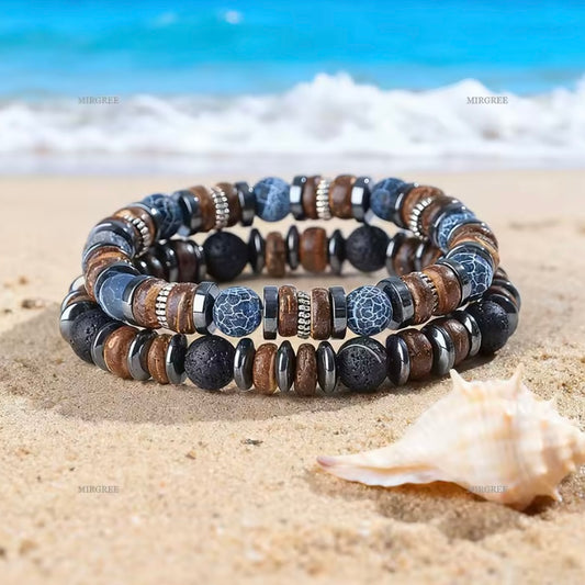 Set van 2 Herenarmbanden voor Buitenliefhebbers – Handgemaakte Vintage Kralen, Stijlvol Natuurliefhebbers Cadeau