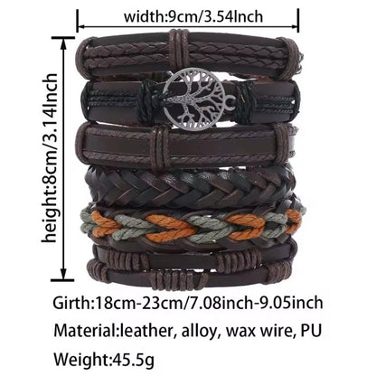 Leren armband voor heren Retro handgeweven leren armband, de levensboom Element Zesdelige set