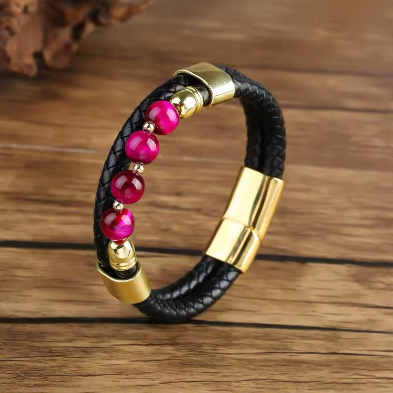 Feng Yue Punk Stijl Armband met Natuursteen Kralen en Lederen Bedels - Goudkleurig