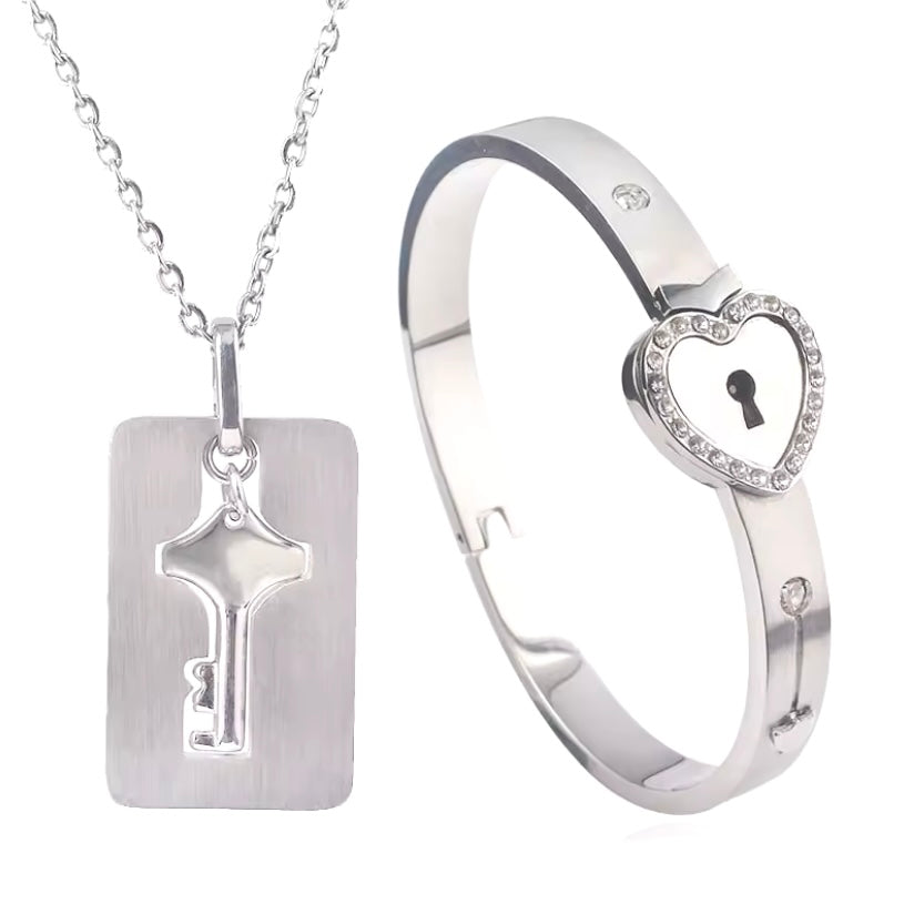 Heart Love Lock Armband & Choker Silver Set