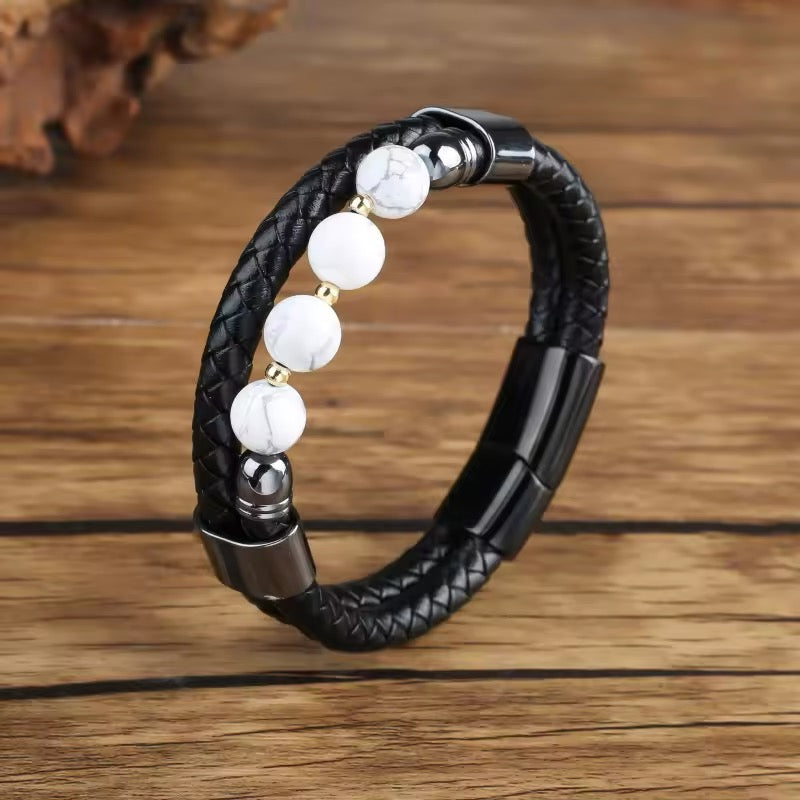 Feng Yue Punk Armband met Natuursteen & Lederen Bedels