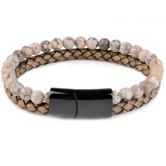Wit Comfortabele Handgemaakte Leren Herenarmband met Tijgeroog • 6 mm Gevlochten Leer