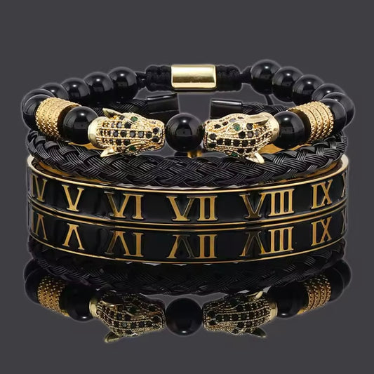 Luxe Zwarte Steen Kralen Armband – Luipaard Hoofd | Roestvrijstalen Romeinse Armband Set