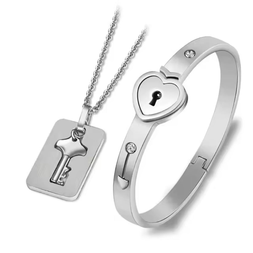 Heart Love Lock Armband & Choker Silver Set