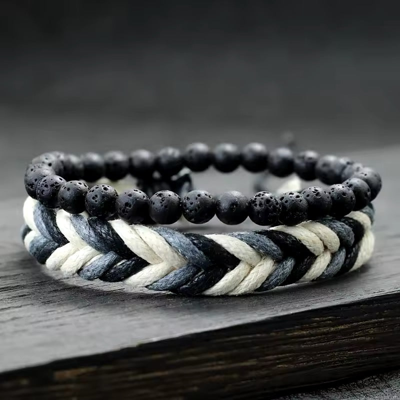 Titan Style™ 2 Heren Armbanden – Handgemaakt met Natuurlijke Kralen en Geweven Design